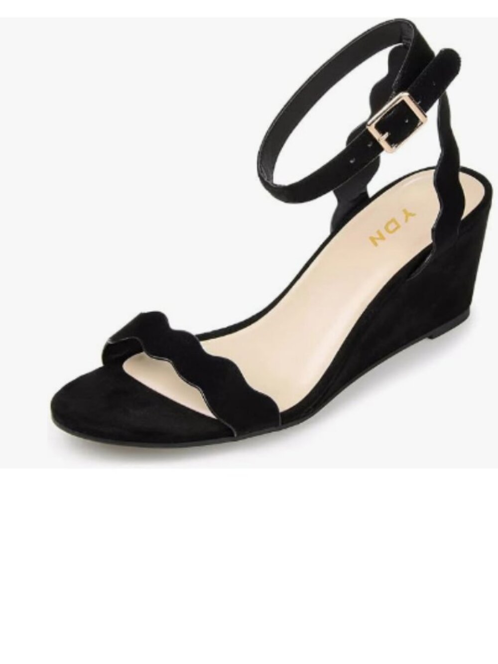 YDN Black Open Toe Ankle Strap Sandals Ruffle Band Wedge Mid Heels Date Shoes